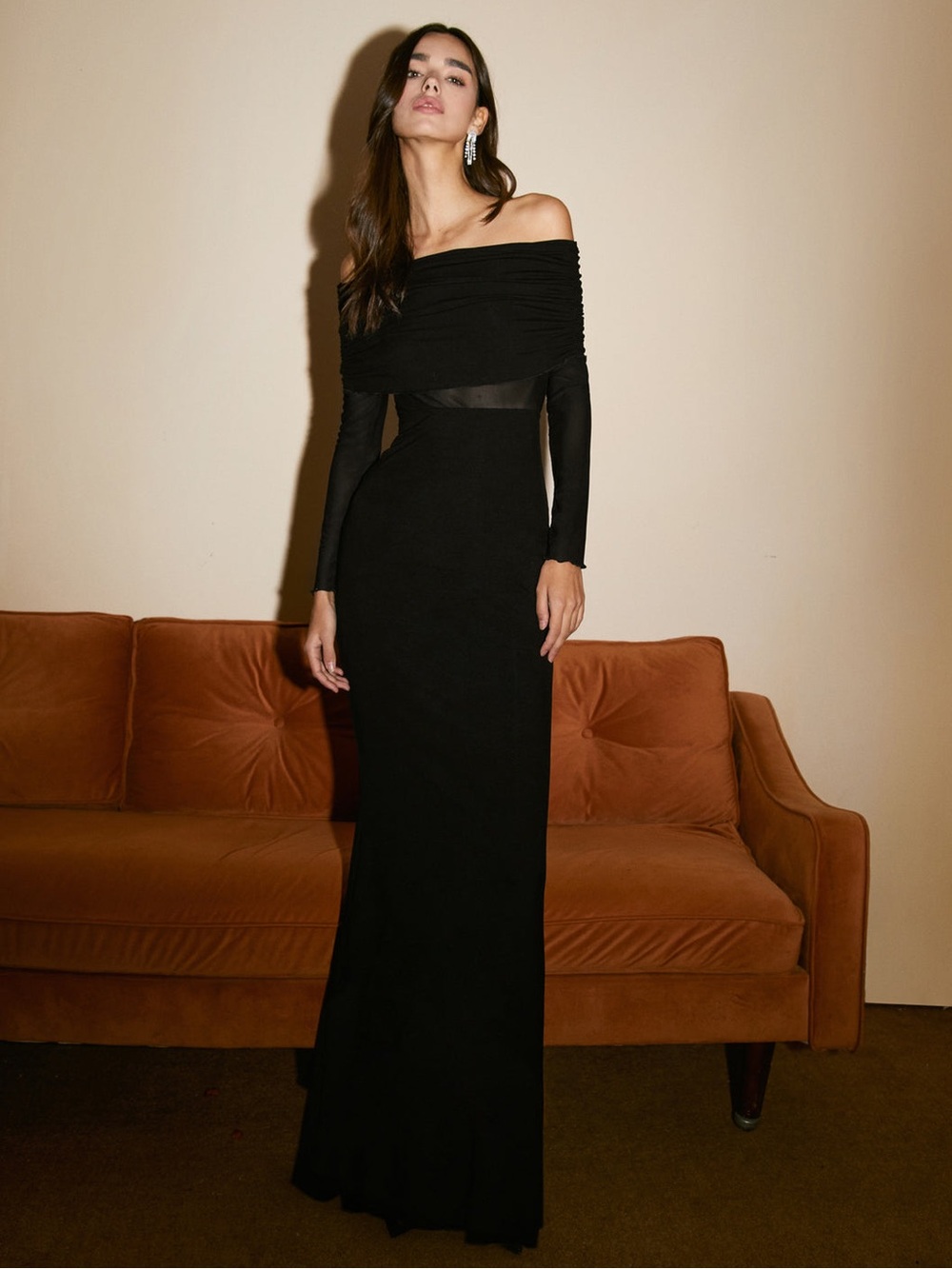 Commense Semi-Sheer Off-Shoulder Mesh Long Sleeve Long Dress in Black - Size XS